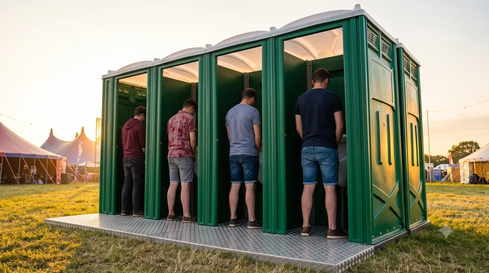 Clean 4-bay festival urinal block at golden hour