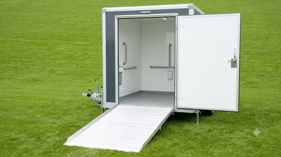 Accessible portable toilet with ramp access and open door on a lawn