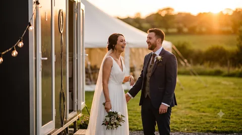 Bride and groom laughing outside a luxury wedding toilet trailer at golden hour