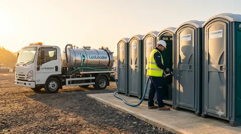 Hi-vis operative servicing site toilets beside a vacuum tanker truck