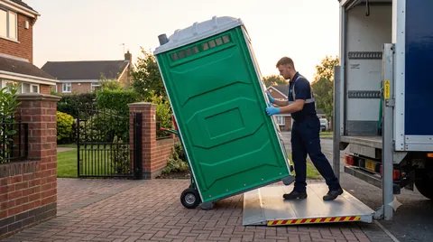 Delivery driver wheeling a portable toilet down a tail-lift at a suburban house