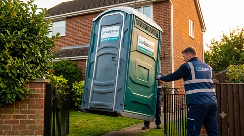 Portable toilet being lifted into a residential garden