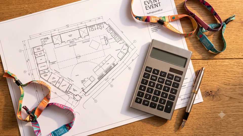 Event planning flatlay with a calculator, site plan, notebook and coffee on a desk, used to work out portable toilet numbers for an event