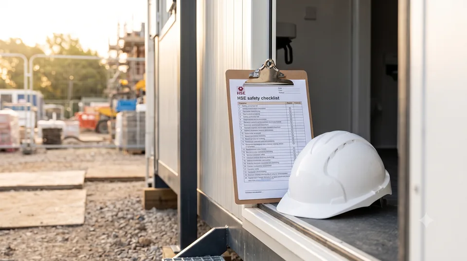 Site manager in hi-vis reviewing a welfare compliance checklist on a clipboard beside portable toilet units on a construction site