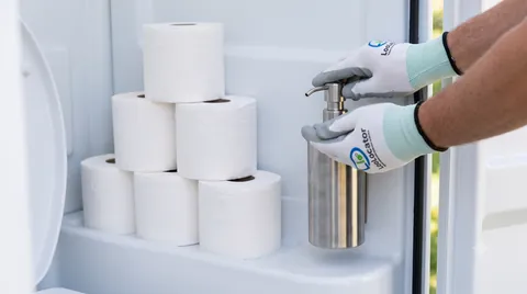 Close-up of a hand sanitiser pump and stacked toilet rolls inside a spotless unit