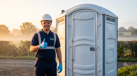 Smiling service technician in uniform giving a thumbs-up next to a clean portable toilet
