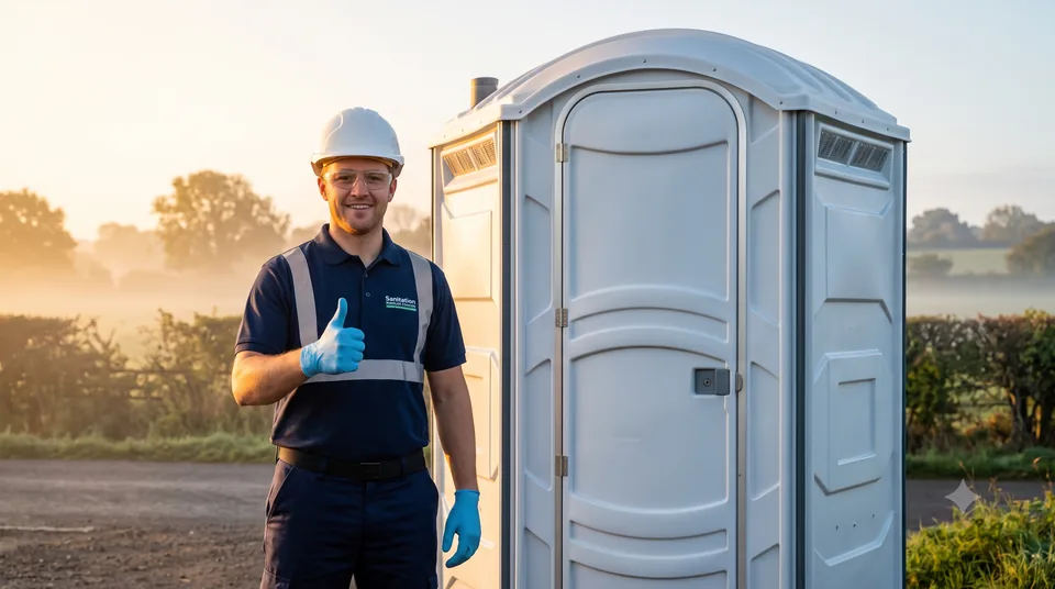 Service technician giving a thumbs-up next to a freshly cleaned portable toilet at dawn