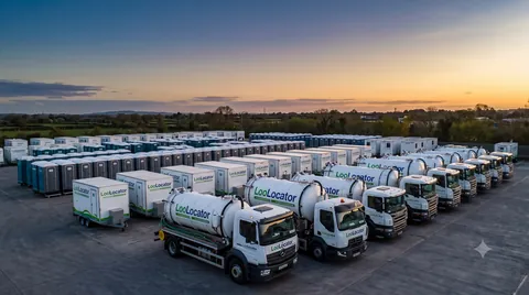 Rows of sanitation units and vacuum tanker trucks lined up at a depot at dawn