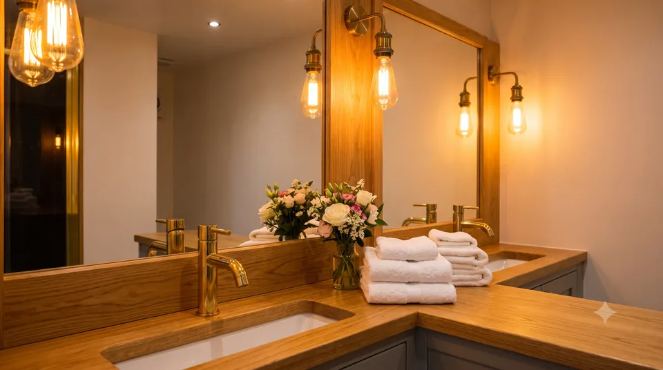 Luxury toilet trailer interior with oak counter, brass taps and warm lighting