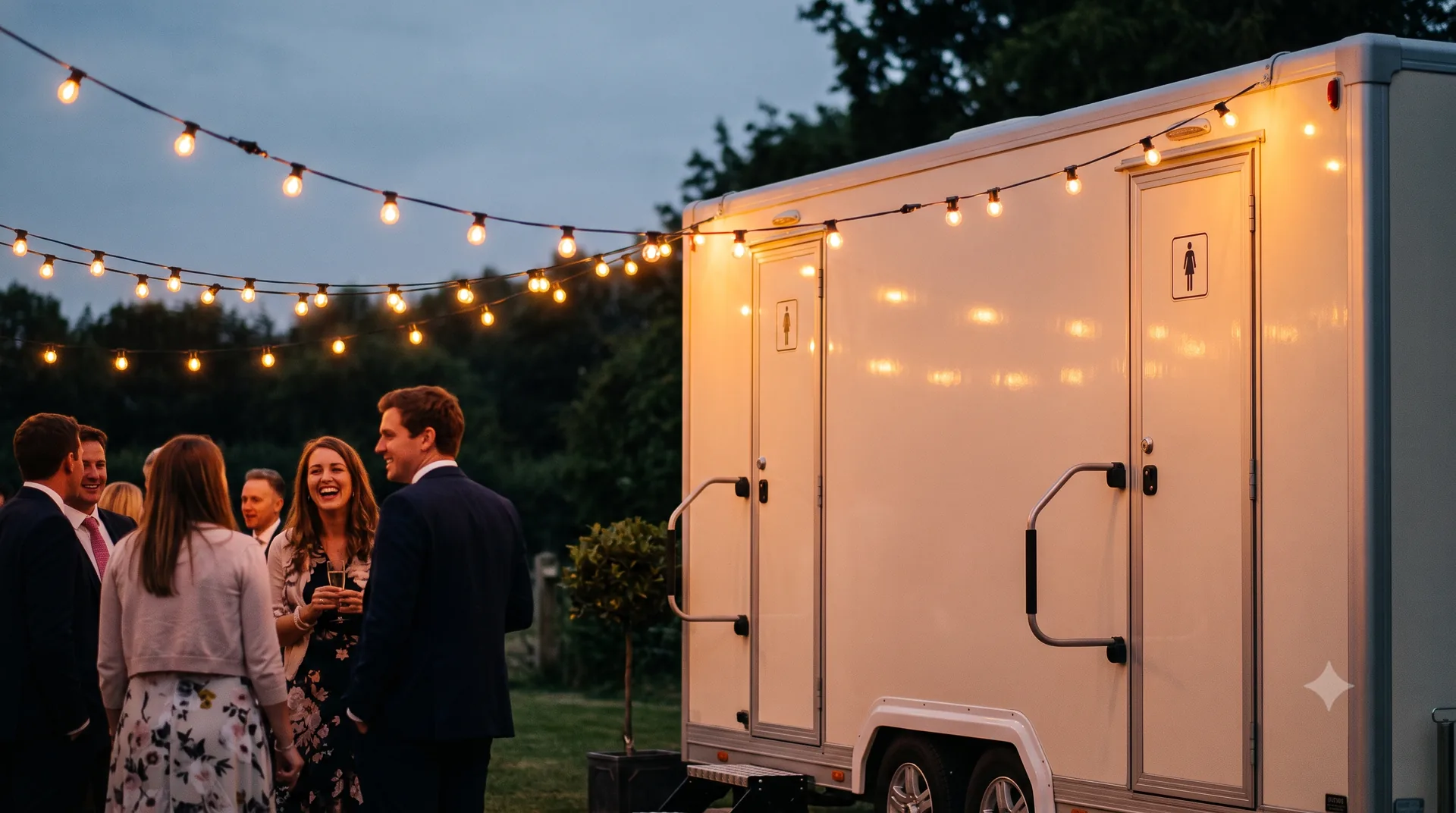 Luxury toilet trailer decorated with festoon lights at a Cotswolds marquee wedding dusk reception