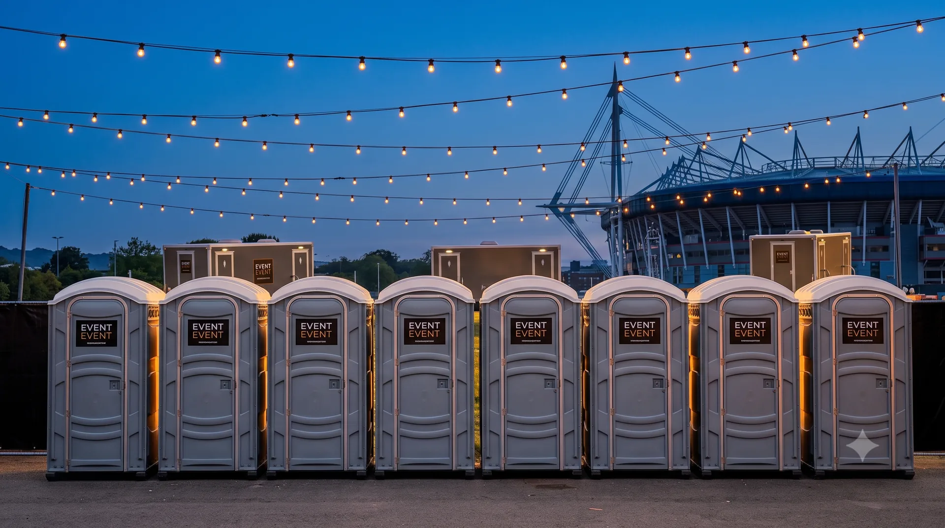Portable toilets with festoon lighting at a Belfast event at twilight