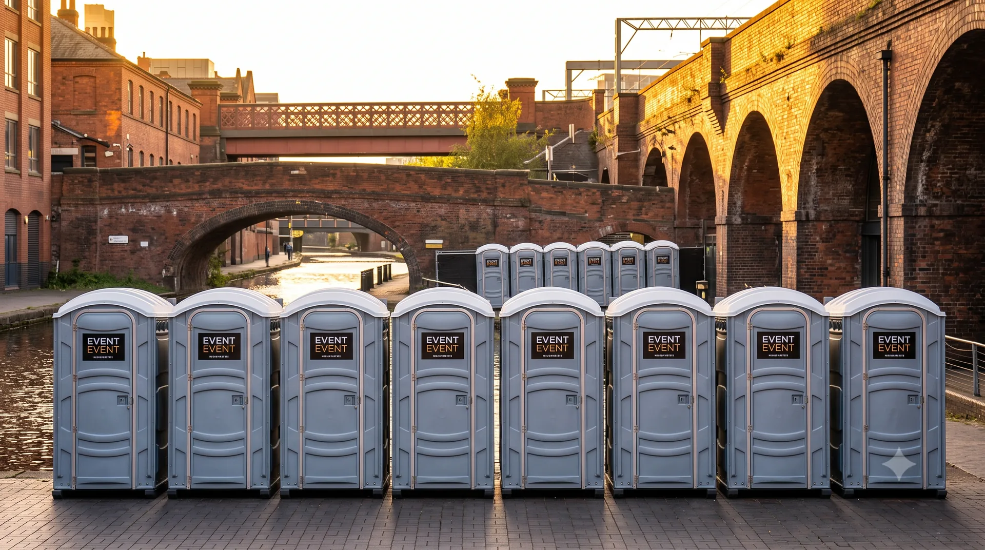 Portable toilet line-up at a Birmingham canal-side gathering