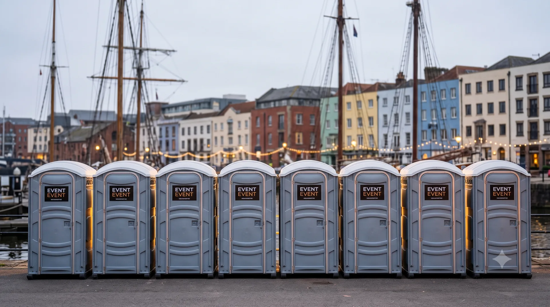 Event toilets overlooking Bristol harbourside docks