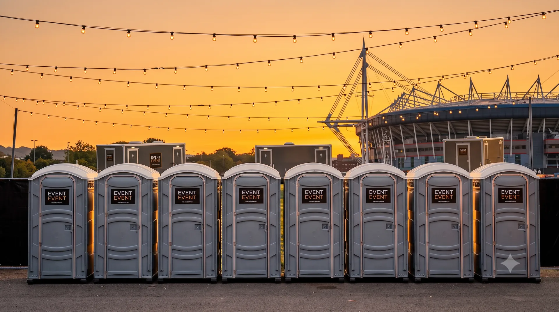 Event portable toilets near a Welsh stadium at dusk