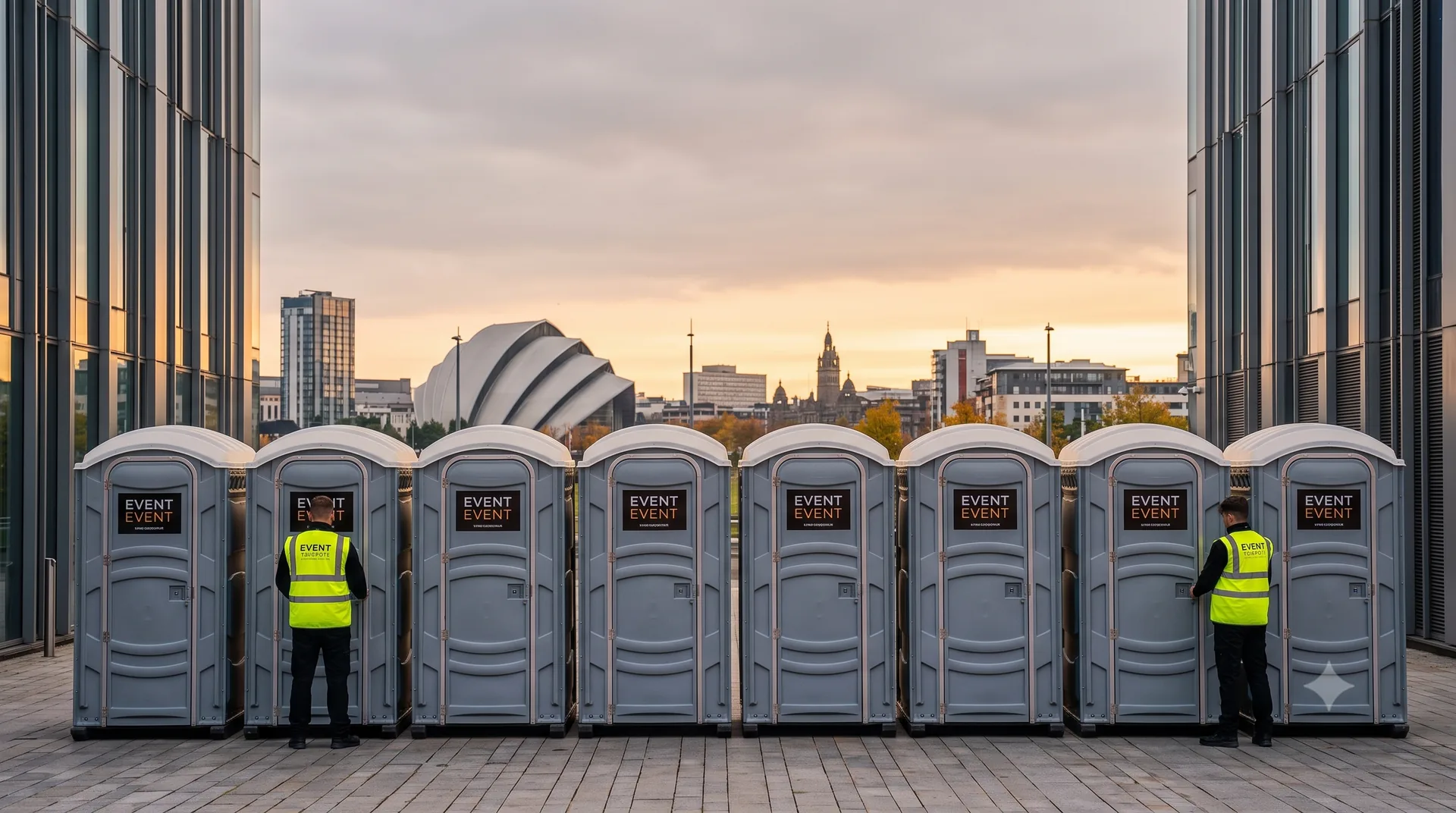 Event toilet banks framed by modern Glasgow architecture at dusk