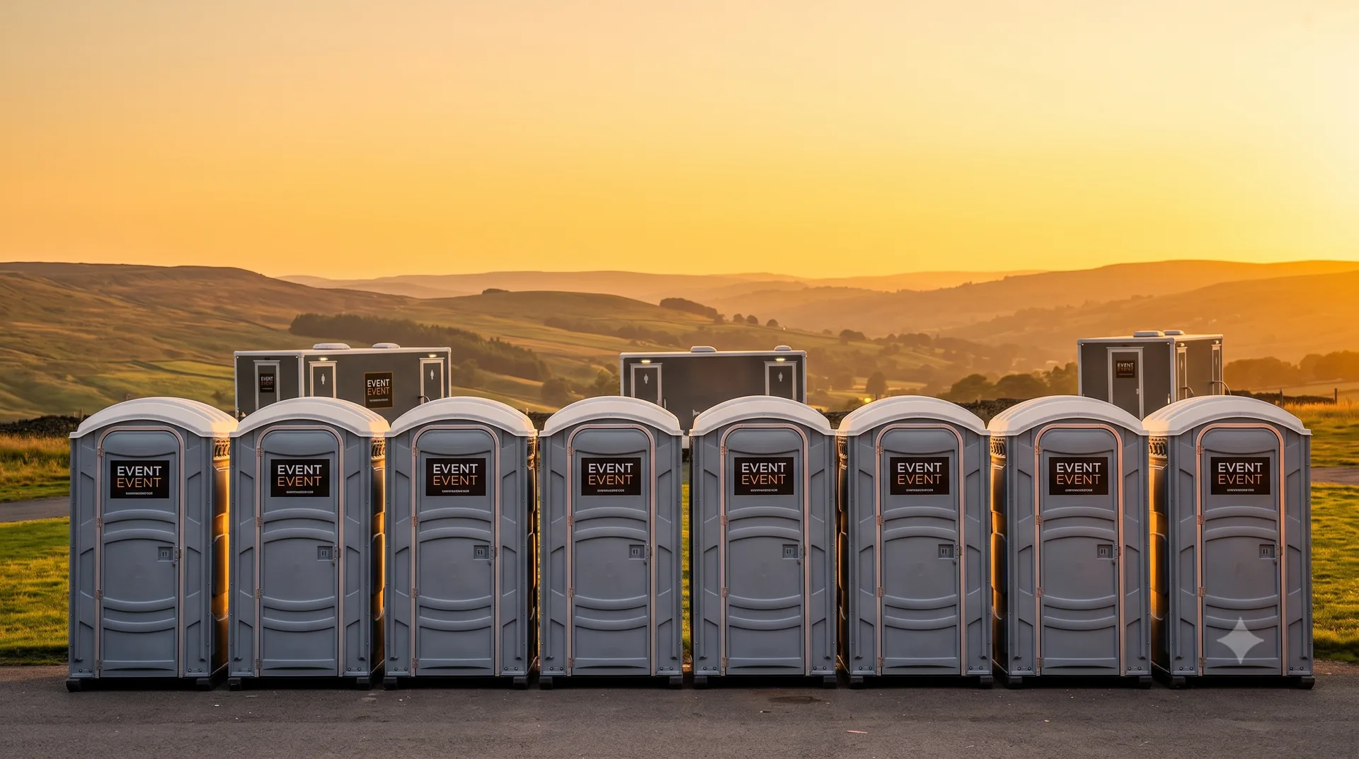 Luxury trailers at a West Yorkshire estate event under golden skies