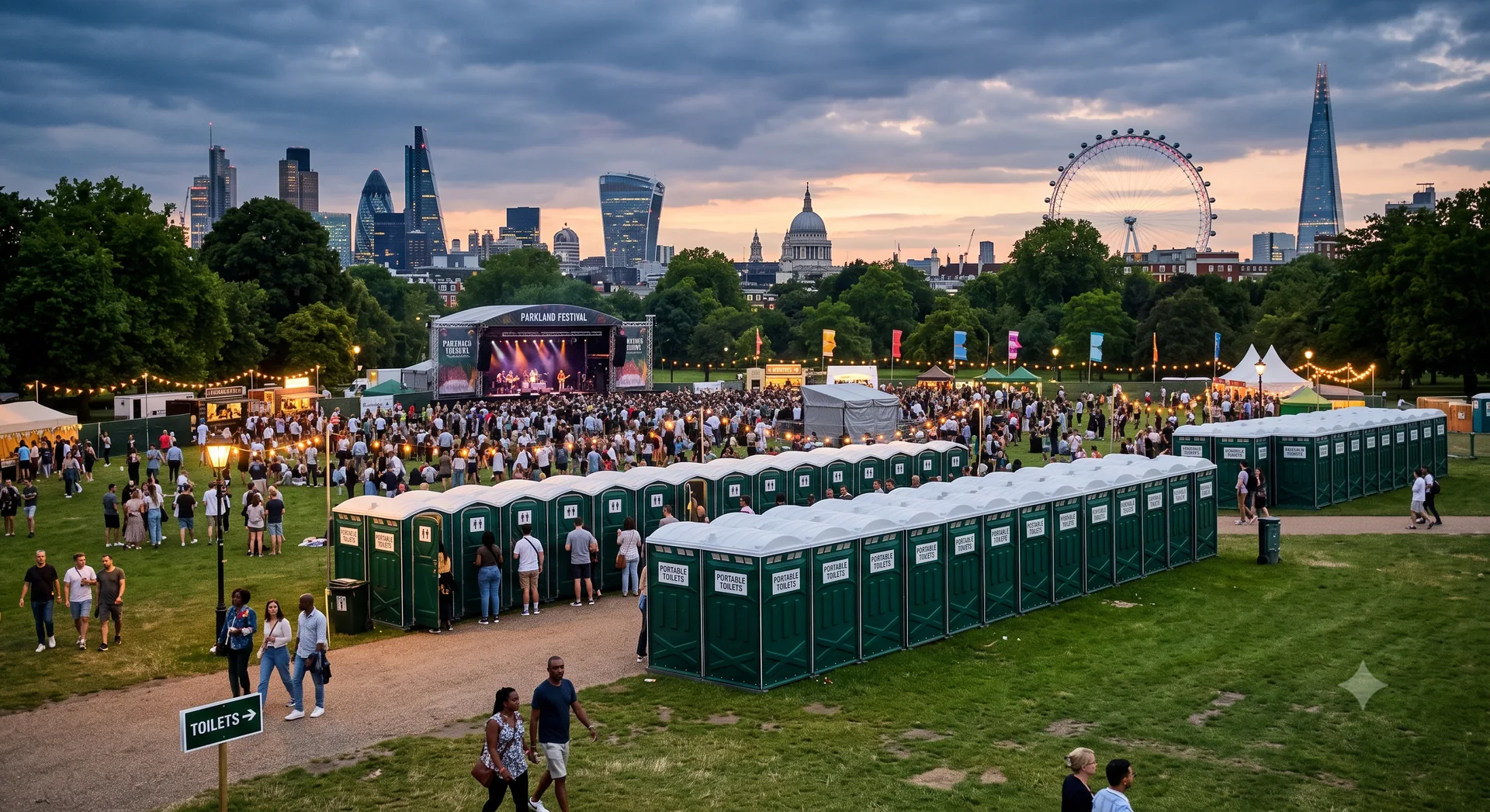 Event toilet facilities in a London park with the city skyline behind