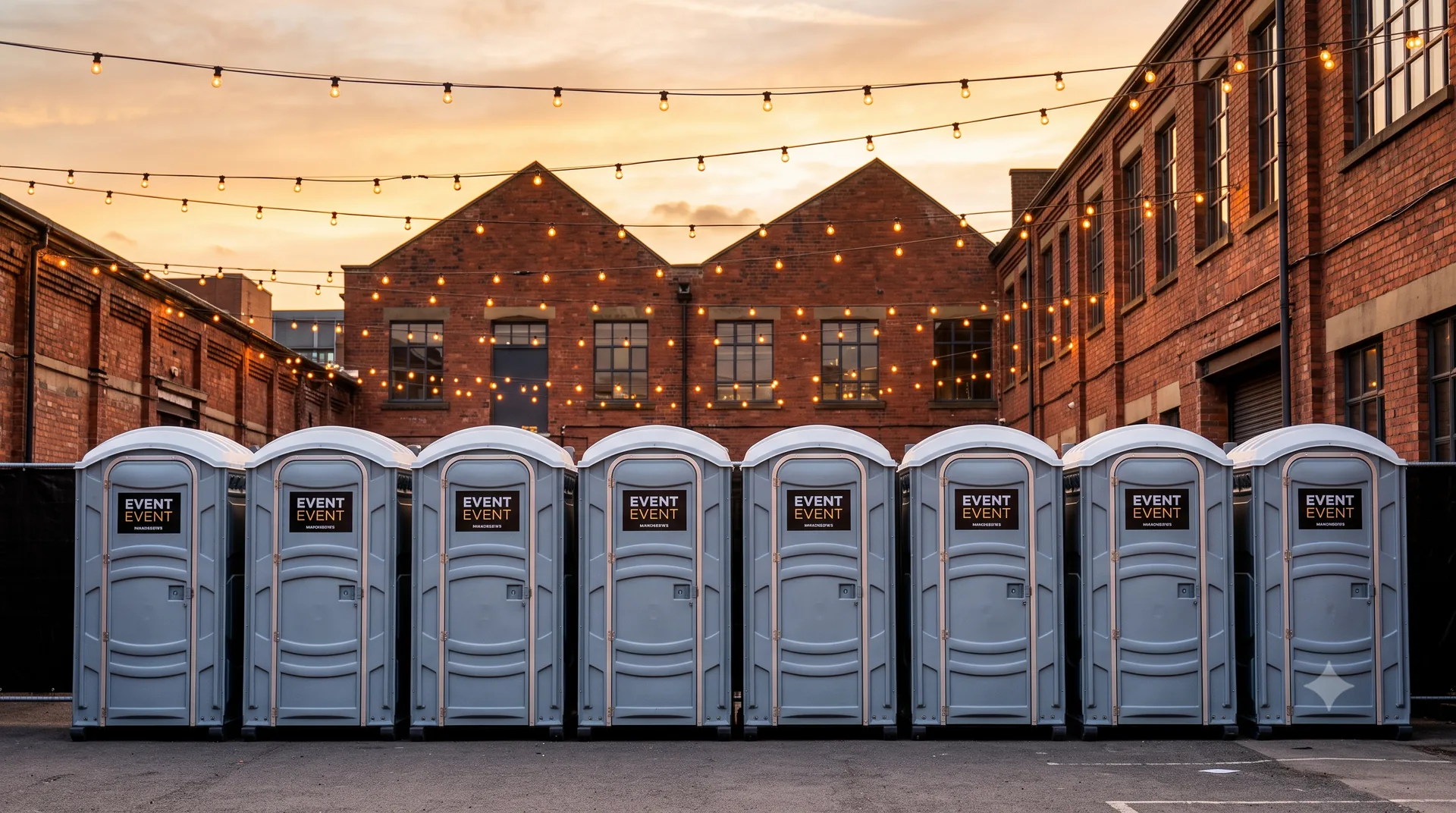 Portable units at an industrial-chic Manchester event space at sunset