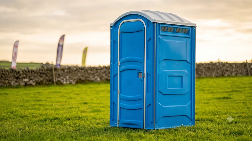 Clean blue standard portable toilet unit in a green meadow